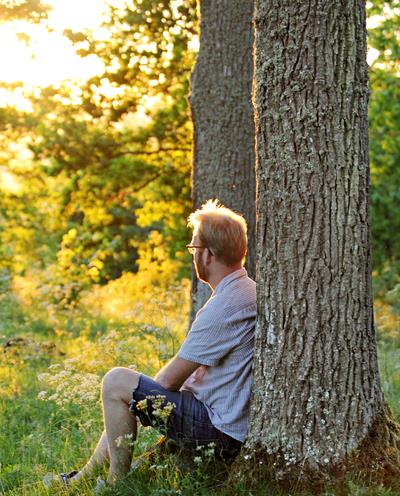 Man sitter lutad mot träd. Foto: Camilla Zilo